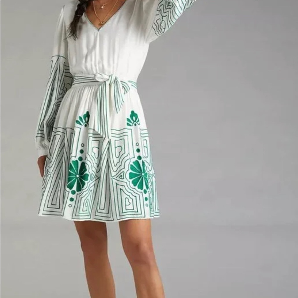 Anthropologie white and green embroidered dress